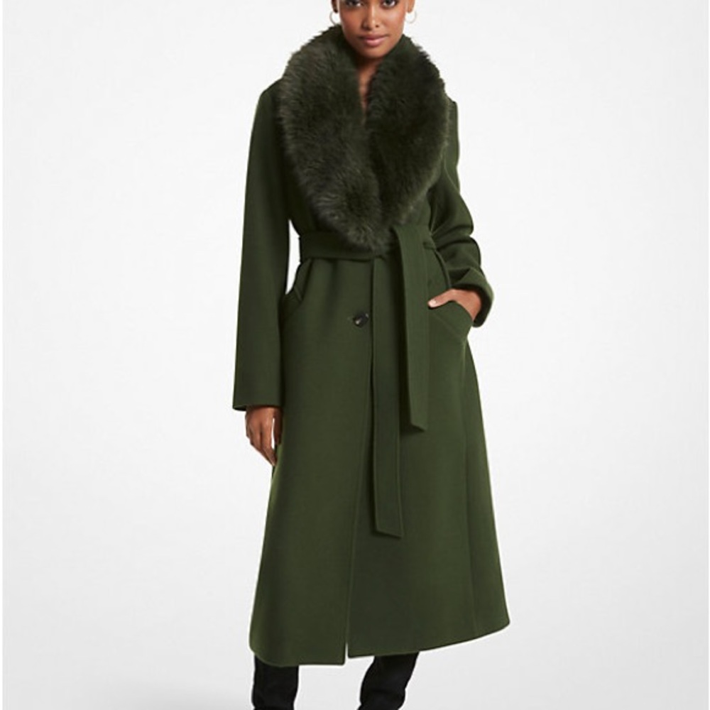 Michael Kors Faux Fur Trim Wool Blend Coat